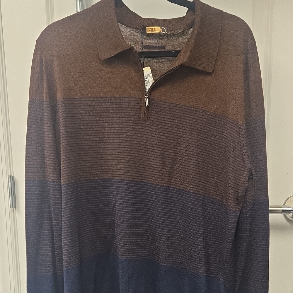 Zilli Brown and Blue Striped Long Sleeve  Polo Sweater